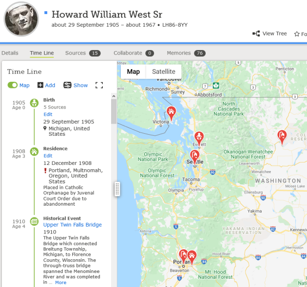 Howard West Sr FamilySearch Timeline feature